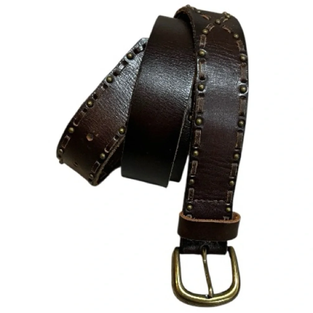 LEATHER LACED AND STUDDED BELT WITH ROUNDED GOLD TONE BUCKLE BRN SIZE 41 UNISEX